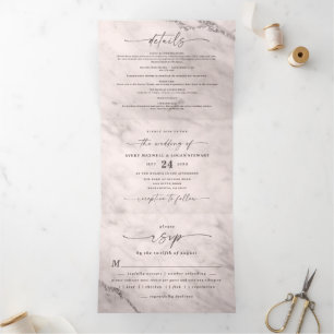 Elegant Champagne Pink Marble with Foil Wedding Tri-Fold Invitation