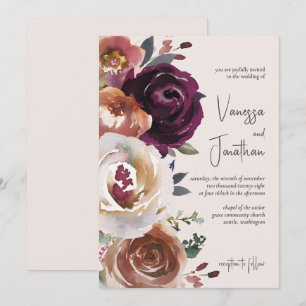 Elegant Champagne Purple & Rosewood Floral Wedding Invitation