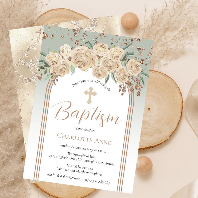 Elegant Champagne | Sage Floral Baptism Invitation (Elegant Champagne Roses and Sage Floral Baptism Invitation)