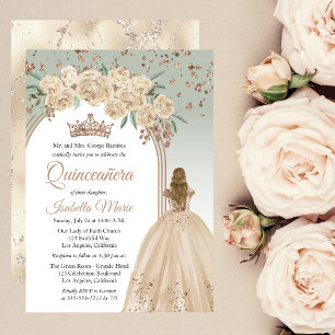 Elegant Champagne   Sage Floral Quinceañera Party Invitation
