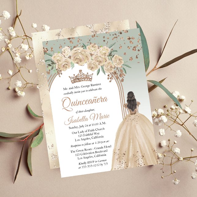 Elegant Champagne | Sage Floral Quinceañera Party Invitation (Elegant Champagne Color and Sage Green with Faux Rose Gold Glitter Brunette Quinceañera Invitation)