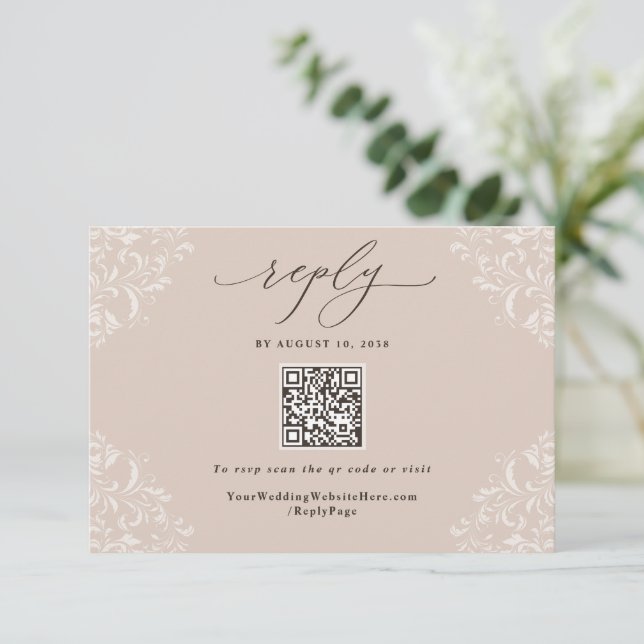 Elegant Champagne Tan Neutral Wedding QR Code RSVP Card (Standing Front)