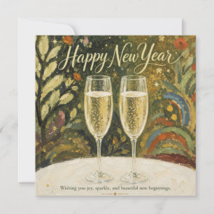 Elegant Champagne Toast Folk Art Happy New Year Card