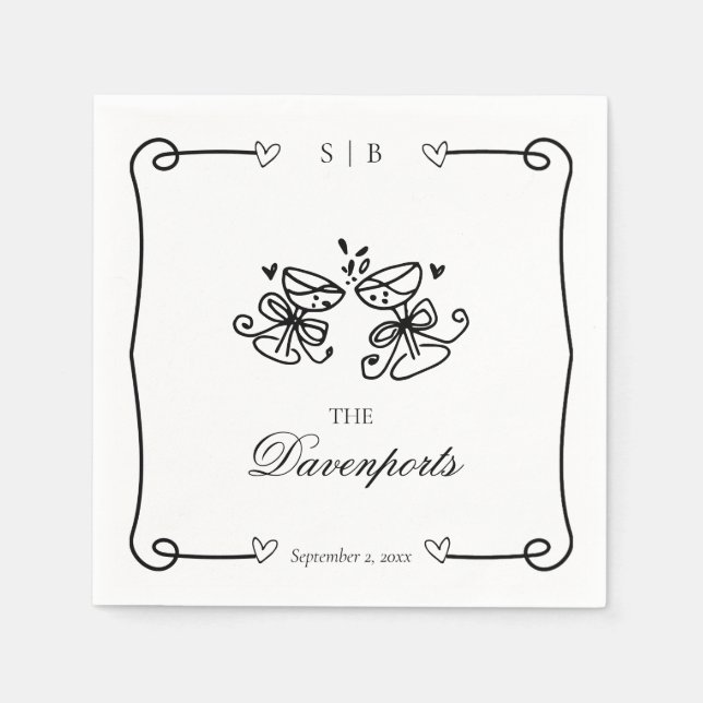 Elegant Champagne Toast Hand Drawn Doodle Wedding Napkin (Front)