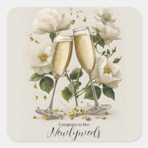 Elegant Champagne Toast with White Roses Square Sticker