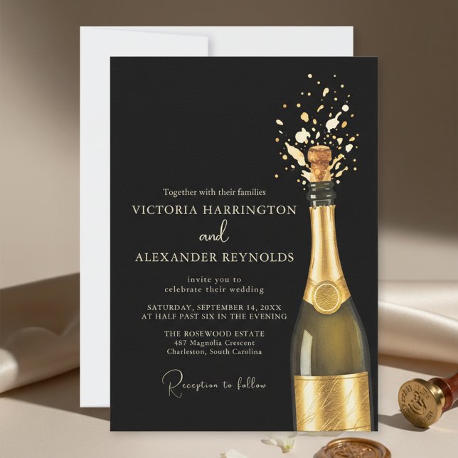 Elegant Champagne Wedding Invitation (An elegant black and gold wedding invitation design featuring a popping champagne bottle)
