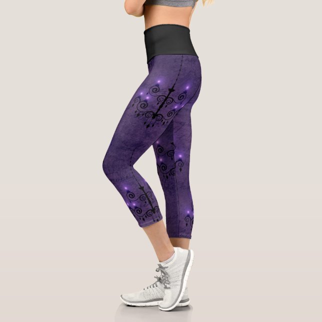 Elegant chandelier glow purple and black gothic capri leggings (Left)