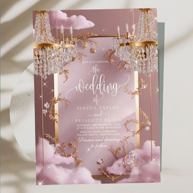 Elegant Chandelier Pink Clouds Wedding Invitation (Creator Uploaded)