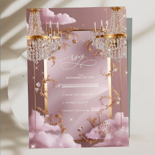 Elegant Chandelier Pink Clouds Wedding RSVP Card