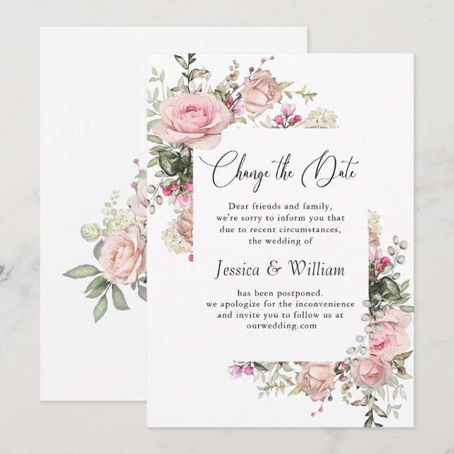 Elegant Change of Date Roses Wedding Announcement (Front/Back)