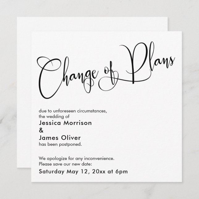 Elegant "Change of Plans" Postponed Wedding Card (Front/Back)