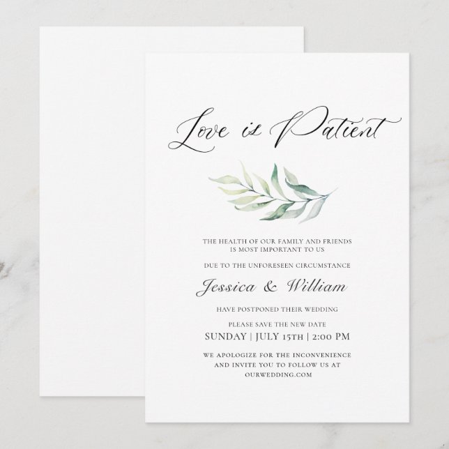 Elegant Change the Date Love is Patient Watercolor Invitation (Front/Back)