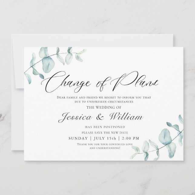 Elegant Change the Date Postponed Watercolor Invitation (Front)