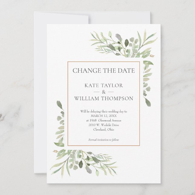 Elegant Change the Date Watercolour Greenery Photo Save The Date (Front)
