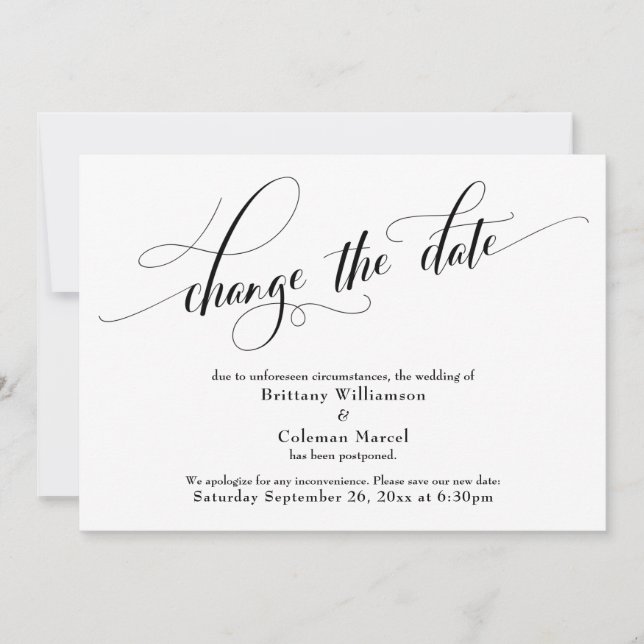 Elegant Change the Date White Wedding Announcement (Front)