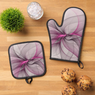 Elegant Chaos Modern Abstract Pink Fractal Art Oven Mitt & Pot Holder Set