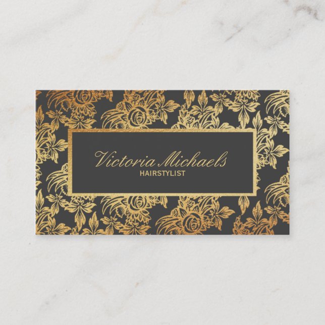 Elegant Charcoal and Gold Floral Business Cards (Front)