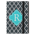 Elegant charcoal, aqua  blue quatrefoil monogram