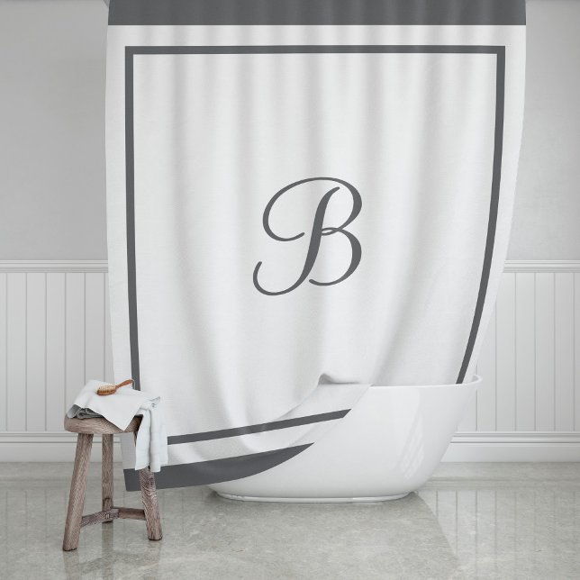 Elegant Charcoal Border Script Monogram Letter Shower Curtain (Creator Uploaded)