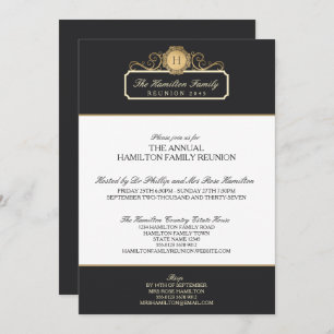 Elegant Charcoal Gold Monogram Family Reunion Invitation