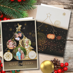 Elegant Charcoal & Gold Star 4-Photo Christmas Holiday Card