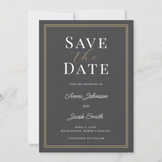 Elegant Charcoal Gray Gold Double Border Wedding Save The Date