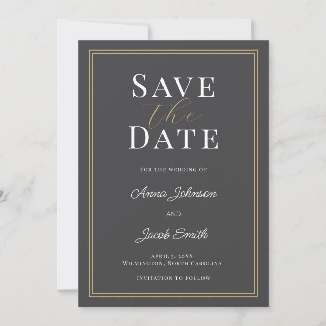 Elegant Charcoal Gray Gold Double Border Wedding  Save The Date (Front)