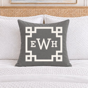 Elegant Charcoal Greek Key Monogram Initial Cushion