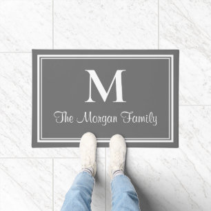 Elegant Charcoal Grey Double Borders Monogram Doormat