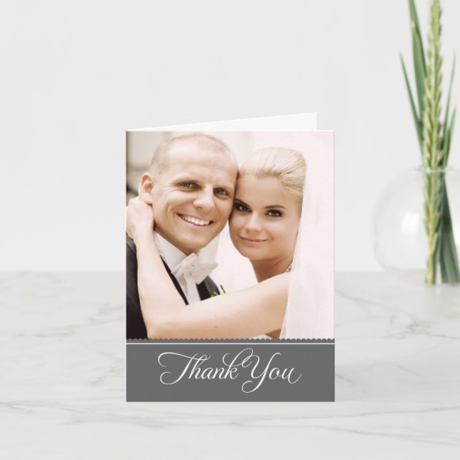 Elegant Charcoal Grey Scalloped Wedding Photo Thank You Card (Front)