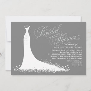 Elegant Charcoal Grey Wedding Gown Bridal Shower Invitation