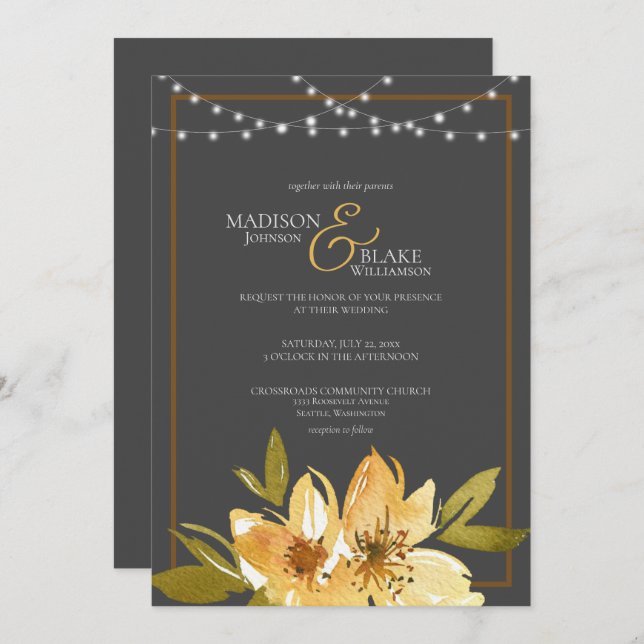 Elegant Charcoal Grey, Yellow and Copper Wedding Invitation (Front/Back)