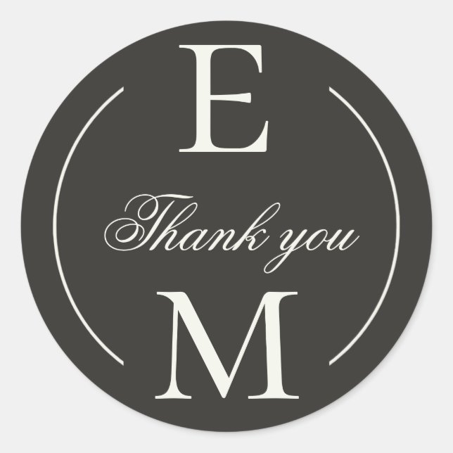 Elegant Charcoal Monogram Wedding Thank You Classic Round Sticker (Front)