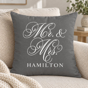 Elegant Charcoal Mr and Mrs Script Wedding Cushion
