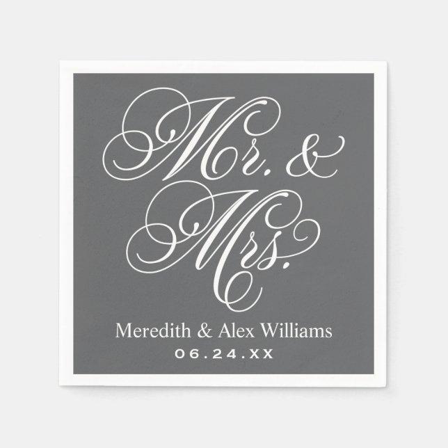 Elegant Charcoal Mr and Mrs Script Wedding Napkin (Front)