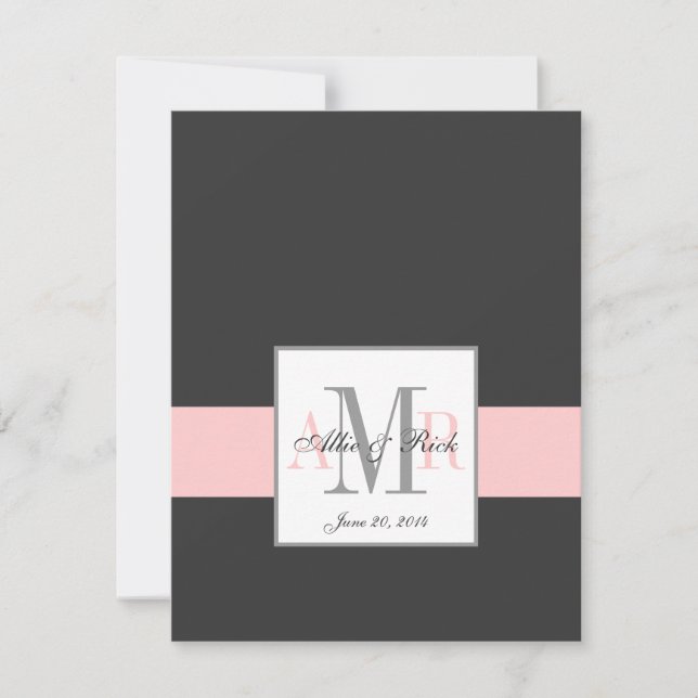 Elegant Charcoal Pink Monogram Wedding RSVP Card (Front)