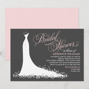 Elegant Charcoal Pink Wedding Gown Bridal Shower Invitation