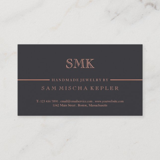 Elegant Charcoal & Rose Gold Monogram Business Card (Front)