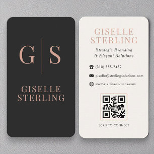 Elegant Charcoal Rose Gold Monogram QR Code Business Card