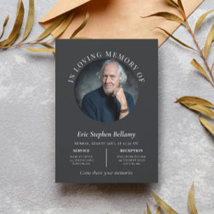 Elegant Charcoal Round Photo Memorial Funeral Invitation