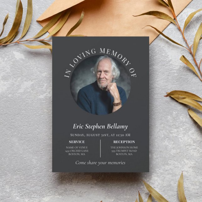 Elegant Charcoal Round Photo Memorial Funeral Invitation (Creator Uploaded)