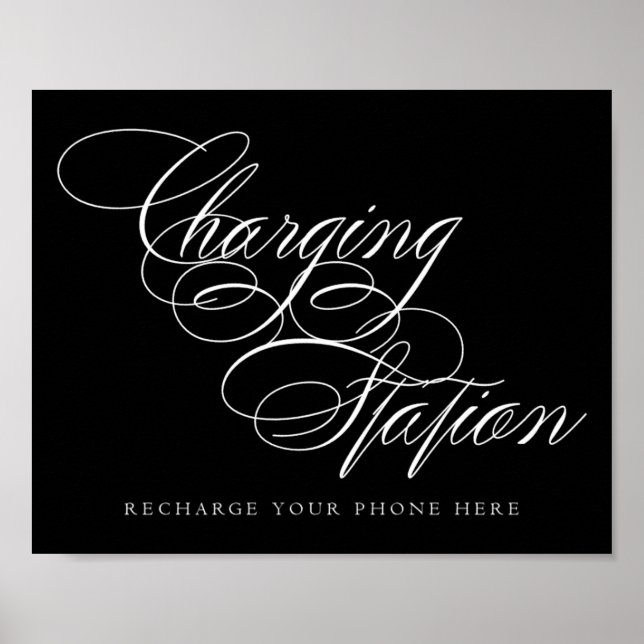 Elegant Charging Station White Script | Table Sign (Front)