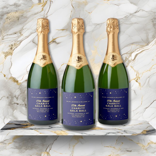 Elegant Charity Gala Ball Silent Auction Blue Gold Sparkling Wine Label (Charity Fundraiser Gala Event Sparkling Wine Bottle Label in navy blue and gold with gold stars.)