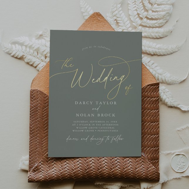 Elegant Charm Dark Sage Gold Foil Wedding Invites (Elegant Charm Dark Sage Gold Foil Wedding Invites)