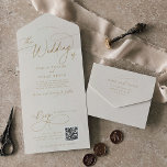 Elegant Charm QR Code Ivory and Gold Wedding All In One Invitation<br><div class="desc">This elegant charm QR code ivory and gold wedding all in one invitation is perfect for a simple wedding. The modern minimalist design features timeless vintage cream and gold romantic calligraphy with bohemian fairytale style. Include a QR code for your guests to RSVP online. Hand write your guest addresses on...</div>
