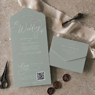 Elegant Charm QR Code Sage Green Wedding All In One Invitation