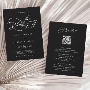 Elegant Charm Script Wedding All in One Black Invitation