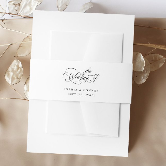 Elegant Charm Script Wedding Black and White Invitation Belly Band (Creator Uploaded)