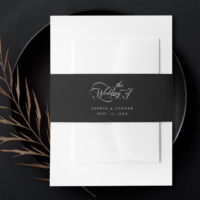 Elegant Charm Script Wedding Black  Invitation Belly Band (Creator Uploaded)