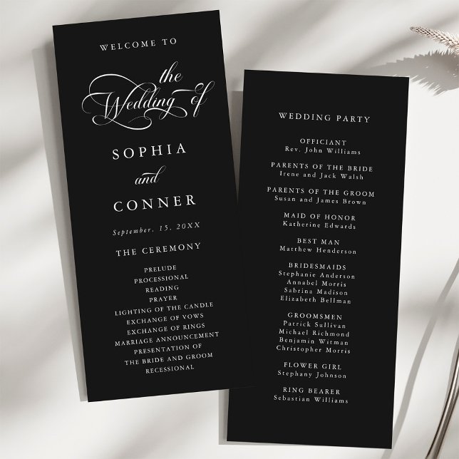 Elegant Charm Script Wedding Ceremony Black Program (Front & Back)